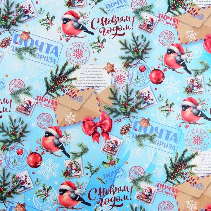 Бумага упаковочная &laquo;Снегирь на письме&raquo;, белый крафт, 80 г/м&sup2; , 50&times;70 см