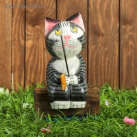Сувенир дерево "Котёнок рыбак" серый 9х9х25 см