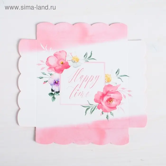 Коробка для печенья, кондитерская упаковка с пластиковой крышкой, Happy time, 15 х 15 х 3 см