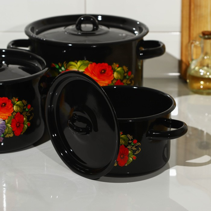 Набор кастрюль &laquo;Жостово&raquo;, 3 предмета: 1,5 л, 2,9 л, 4,5 л, эмалированные крышки, индукция