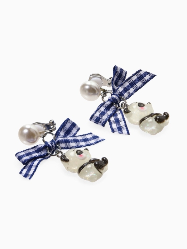 Серьги-клипсы детские "Выбражулька" панда с бантом клетка и жемчужиной, цветные