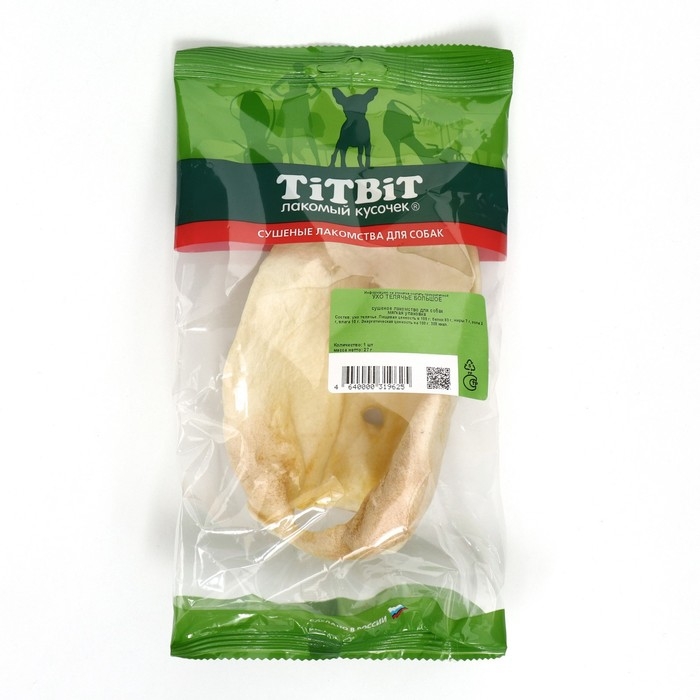 Лакомство TitBit для собак, ухо телячье большое, мягкая упаковка, 27 г
