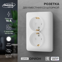 Розетка двухместная со шторкой Luazon Lighting "Орион", 16 А, скрытая, с з/к, белая