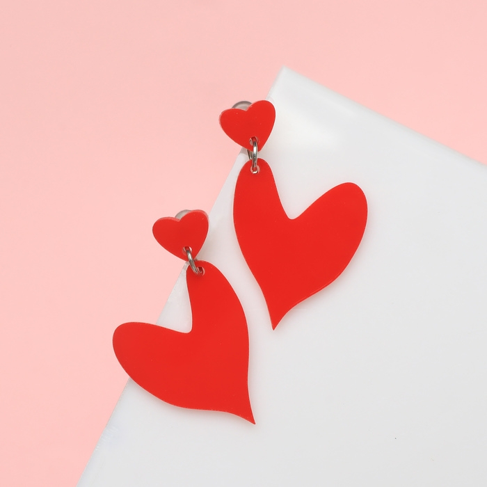 Серьги акрил &laquo;Сердце к сердцу&raquo;, цвет красный в серебре