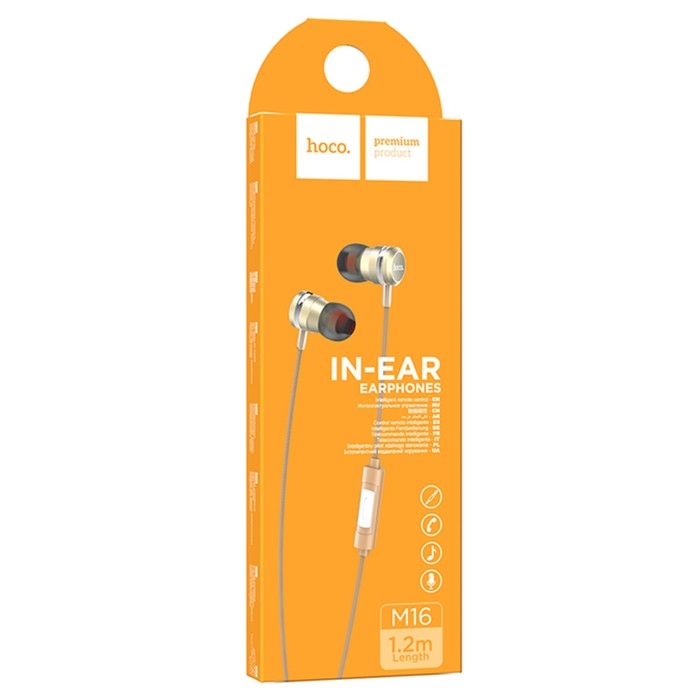 Наушники Hoco M16, проводные, вкладыши, микрофон, 1.2 м, золотистые