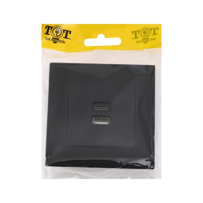 Розетка с USB-A + USB-C разъёмами, 2.1 A, 5В, TOT Glossy Glass, скрытая, стекло, черная Розетка с USB-A + USB-C разъёмами, 2.1 A, 5В, TOT Glossy Glass, скрытая, стекло, черная