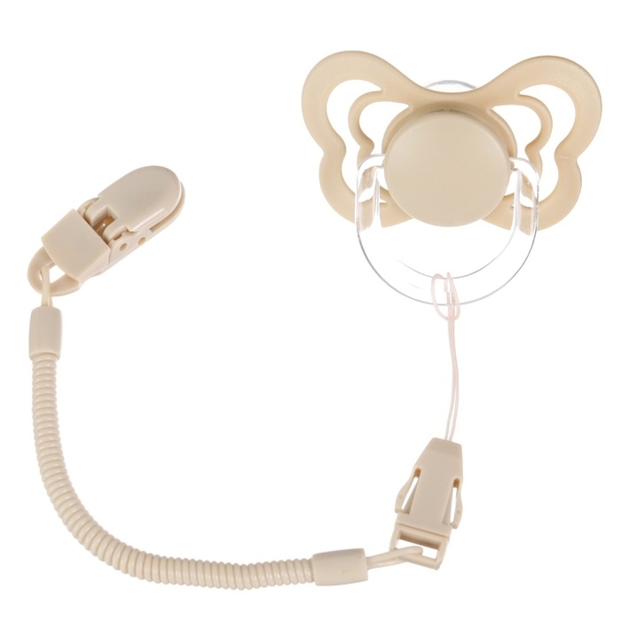 Соска - пустышка ортодонтическая, силикон, +6 мес., с держателем, цвет бежевый