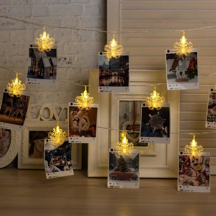 Гирлянда &laquo;Нить&raquo; 4.5 м с насадками &laquo;Прищепки-снежинки&raquo;, IP20, прозрачная нить, 20 LED, свечение тёплое белое, 220 В