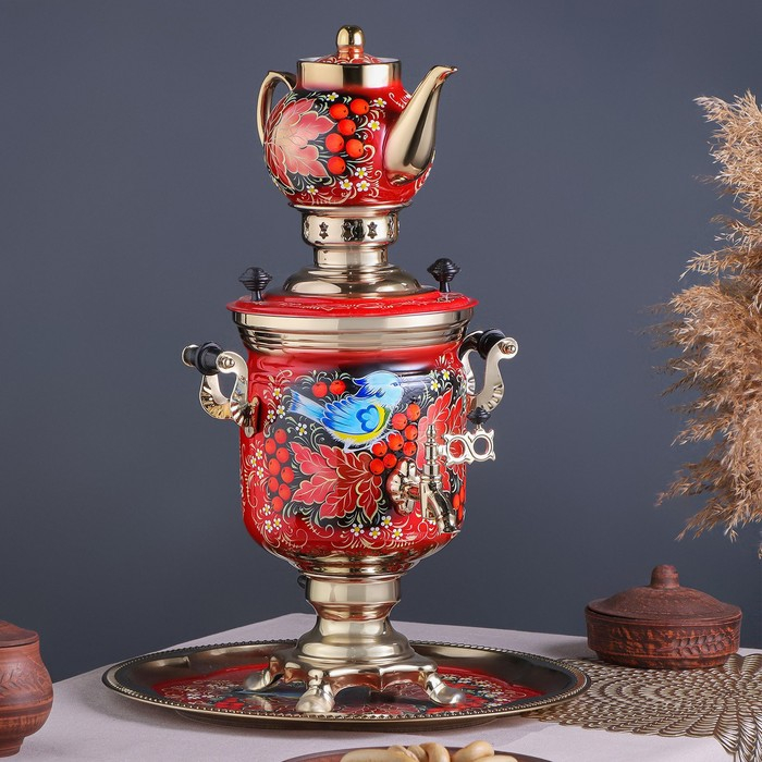 Набор &laquo;Рябина&raquo;, 3 предмета, самовар 3 л, заварочный чайник 0,7 л, поднос
