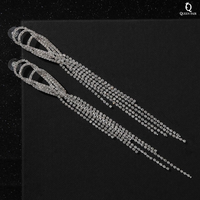 Серьги висячие со стразами «Голливуд» капли с нитями, цвет белый в серебре, 15,5 см Серьги висячие со стразами «Голливуд» капли с нитями, цвет белый в серебре, 15,5 см