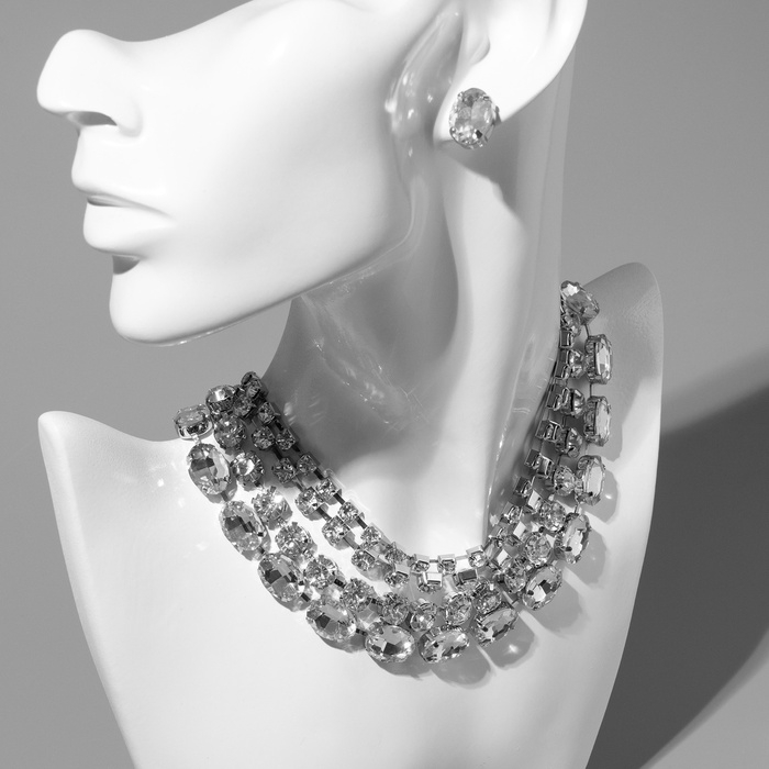 Набор 2 предмета; серьги, колье &laquo;Вечерний&raquo; 4 ряда, цвет белый в серебре