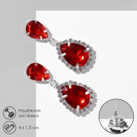 Серьги со стразами &laquo;Капля&raquo; элегия, цвет красно-белый в серебре