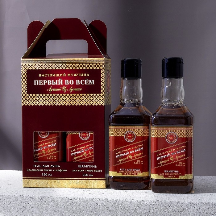 Набор &laquo;Первому во всём&raquo;, гель для душа и шампунь для волос во флаконах виски, 2х250 мл