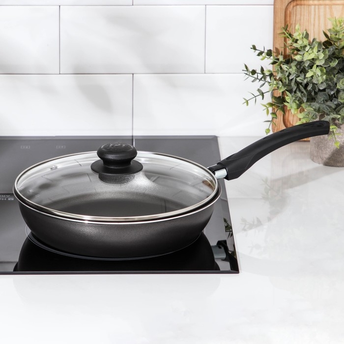 Сковорода &laquo;Классика атлас&raquo;, d=24 см, пластиковая ручка, стеклянная крышка, антипригарное покрытие, цвет чёрный