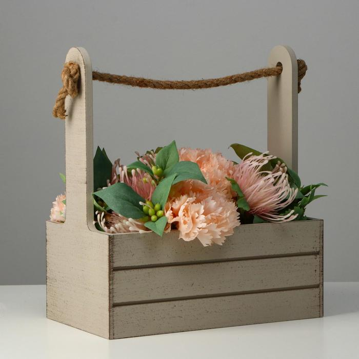 Кашпо деревянное 25.5&times;15&times;30 см "Прованс", ручка канат, светло-серый