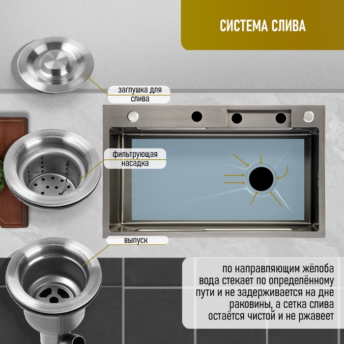 Кухонная мойка ZEIN M01, S=3.0 и 0.7 мм, смеситель, корзины, разделочная доска, сифон, сатин Кухонная мойка ZEIN M01, S=3.0 и 0.7 мм, смеситель, корзины, разделочная доска, сифон, сатин