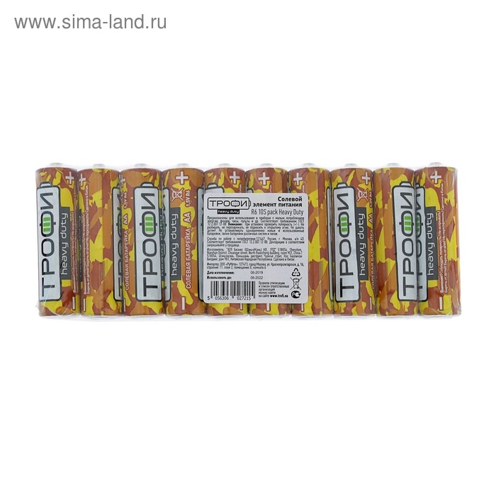 Батарейка солевая "Трофи" Heavy Duty, AA, R6-10S, 1.5В, спайка, 10 шт.