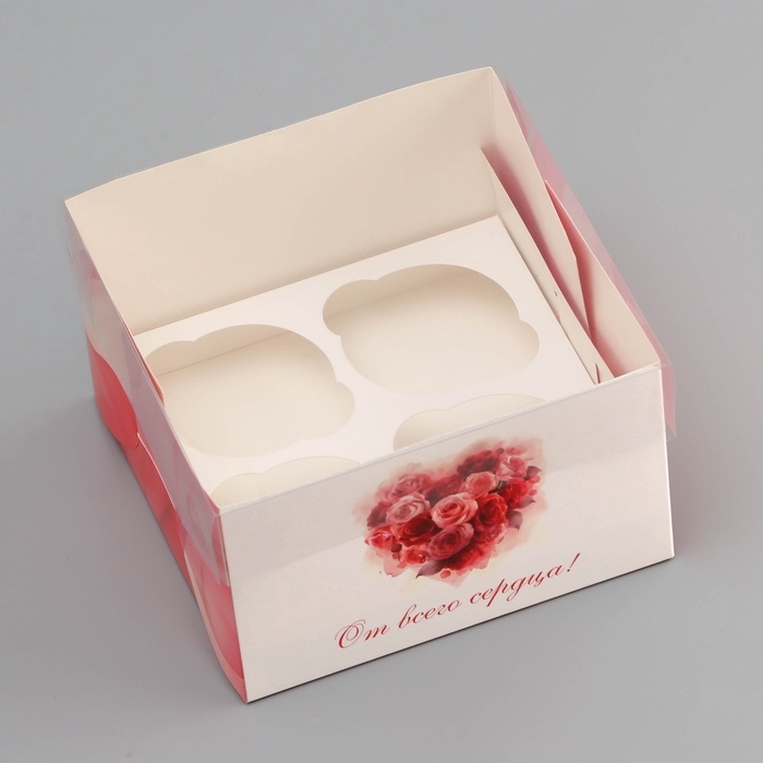 Коробка для 4 капкейка с прозрачной крышкой, "Сердечки", 16 &times; 16 &times; 10 см, кондитерская упаковка