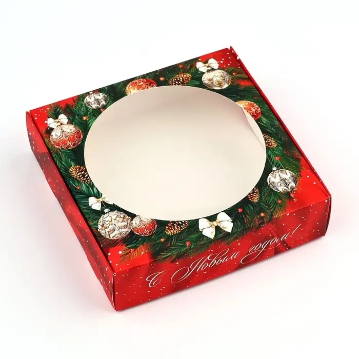 Коробка для макарун с низкими бортами &laquo;Новогодняя роскошь&raquo;, венок, 11х 11х 3 см