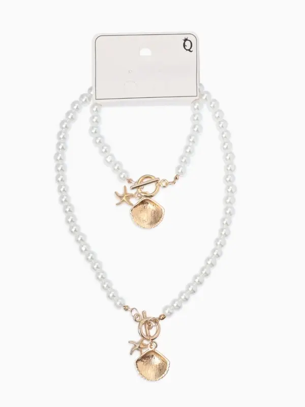 Набор 2 пред-та: бусы.браслет "Жемчуг", ракушка вонголе, цвет белый в золоте L=18/42см №8