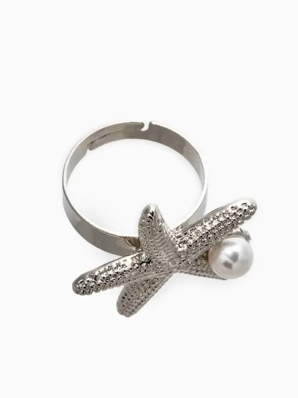 Кольцо "Морская звезда" с бусиной, безразмерное, цвет белый в серебре
