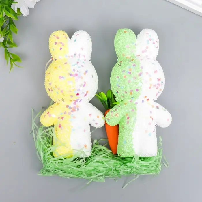 Пасхальный декор &laquo;Зайчата в посыпке с морковкой и травкой&raquo;, набор: жёлтый, зелёный, 12 см, настольная фигурка