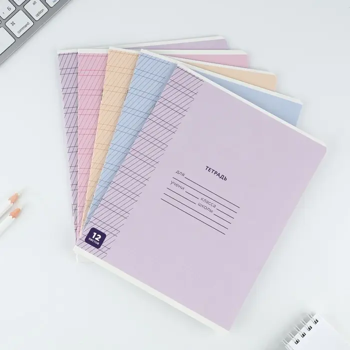 Тетрадь 12 листов в частую косую линейку, А5, на скрепке, блок №1 &laquo;Минимализм&raquo; МИКС
