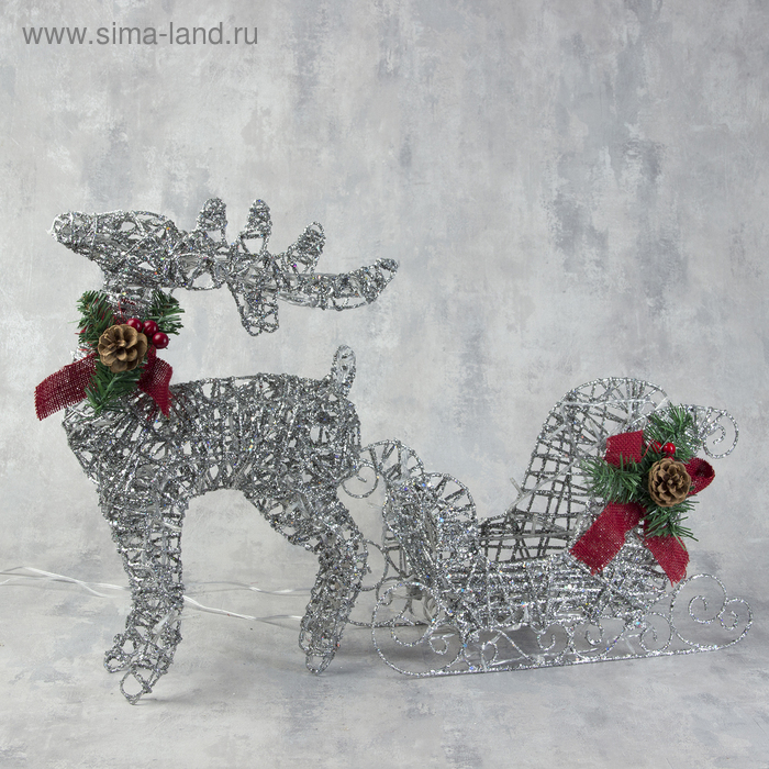 Светодиодная фигура &laquo;Олень с санями серебристый&raquo;, олень: 40 &times; 50 &times; 16 см, сани: 40 &times; 25 &times; 10 см, металл, 220 В, свечение белое