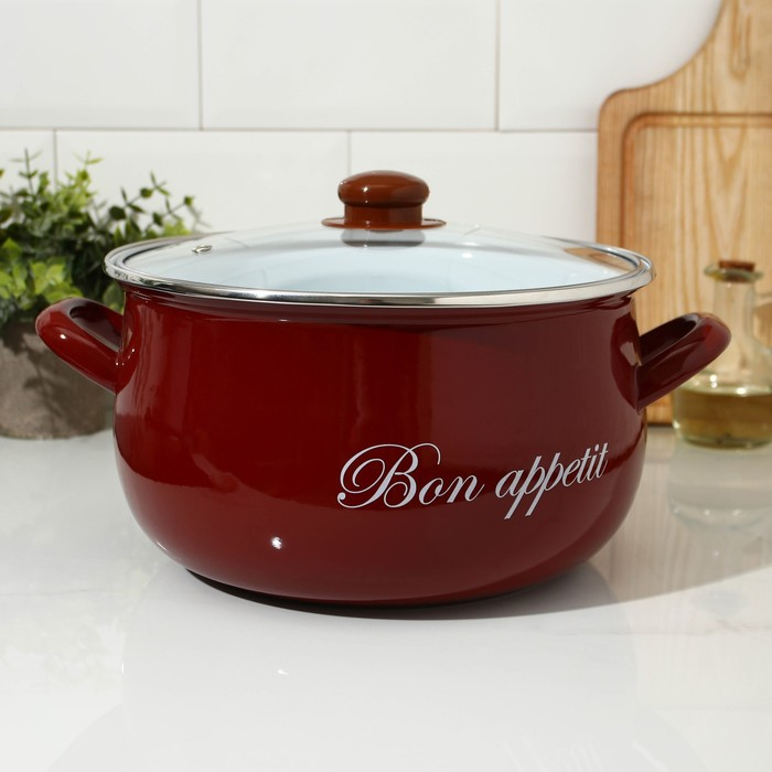 Кастрюля эмалированная &laquo;Бордо&raquo;, 5,7 л, стеклянная крышка, индукция, цвет бордовый