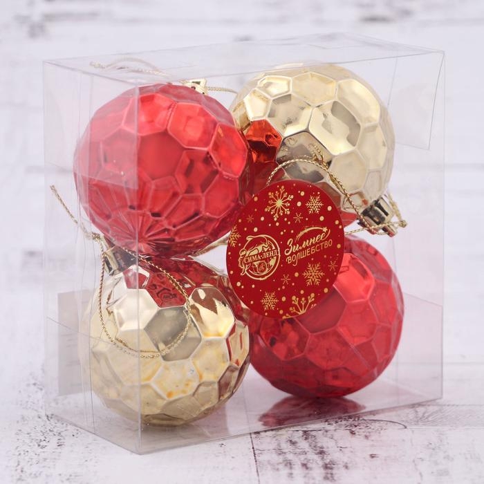Набор шаров пластик d-6 см, 4 шт "Соты" красно-золотой