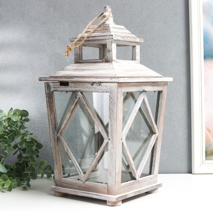 Подсвечник дерево на 1 свечу "Ромб на фонарике" коричневый состаренный 40х20х17 см