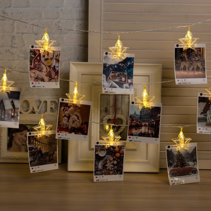 Гирлянда &laquo;Нить&raquo; 4.5 м с насадками &laquo;Прищепки-звёзды&raquo;, IP20, прозрачная нить, 20 LED, свечение тёплое белое, 220 В