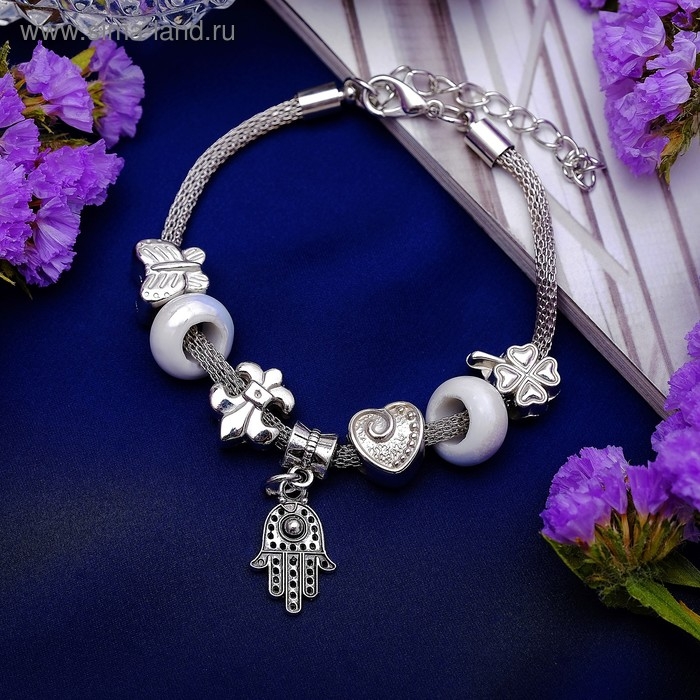 Браслет &laquo;Марджери&raquo; рука хамса, цвет белый в серебре, L=19 см