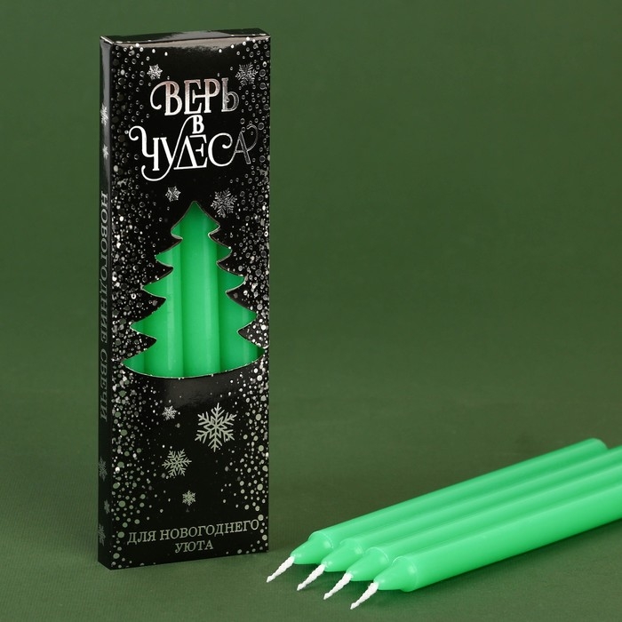 Новогодние восковые свечи &laquo;Новый год: Верь в чудеса&raquo;, набор 4 шт., зеленые, 15 х 1 х 1 см.