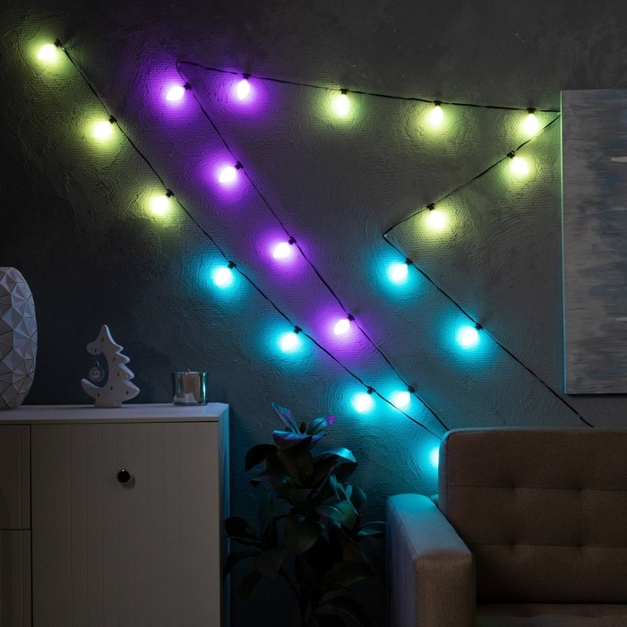 Умная гирлянда &laquo;Нить&raquo; 6 м с насадками &laquo;Шишки матовые&raquo;, IP20, тёмная нить, 20 LED, свечение RGB, USB