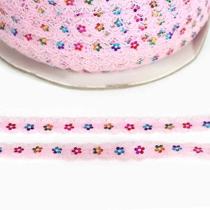 Тесьма гипюровая розовая с пайетками, ширина 1,3 см, по 548 м