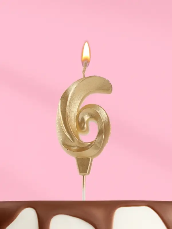 Свеча в торт &laquo;Театральная&raquo;, цифра 6, золотой металлик