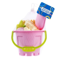 Песочный набор: ведро 1,2 л, лопатка, грабли, 4 формочки, лейка 0,2 л, розово-салатовый