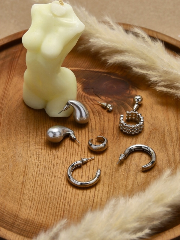 Набор серьги и каффы 8 шт &laquo;Кольца&raquo; капли, цвет серебро