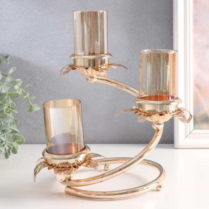 Подсвечник металл, стекло на 3 свечи "Ветвь с листиками" d-5 см золото 15х15х23,5 см