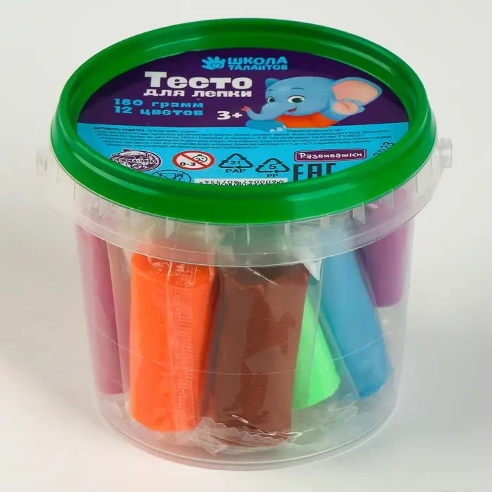 Тесто для лепки, 12 цветов 15 г в ведёрке