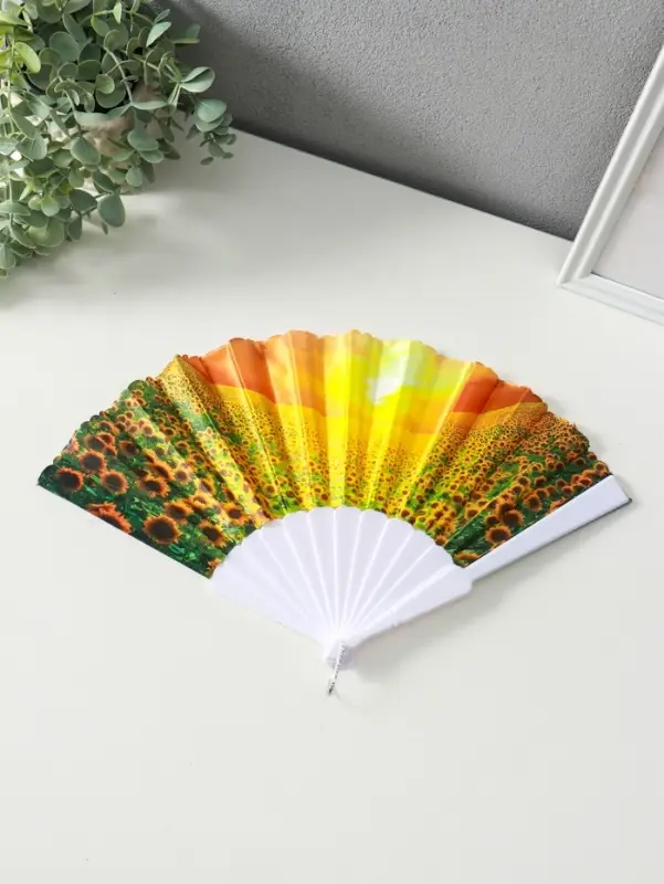 Веер пластик, текстиль "Подсолнухи" МИКС широкие лопасти 23 см