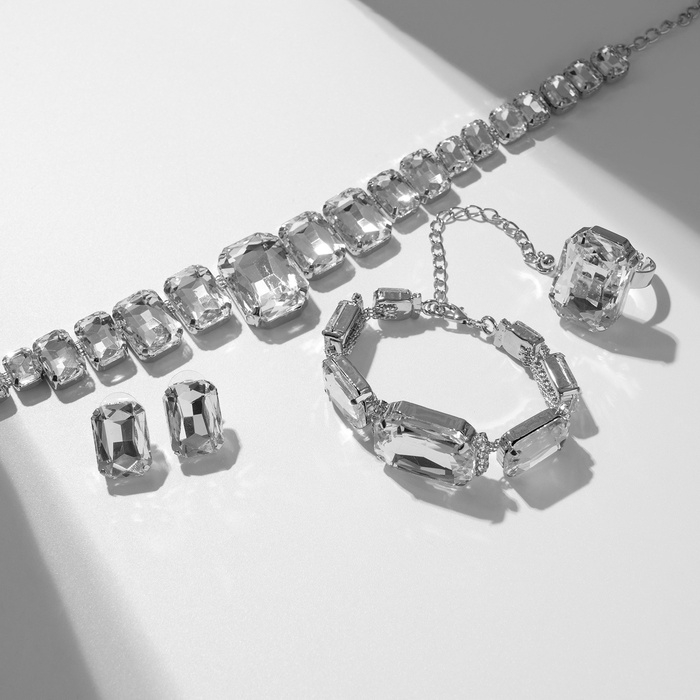 Набор 4 предмета: серьги, колье, браслет, кольцо &laquo;Вечерний&raquo; объём, белый в серебре