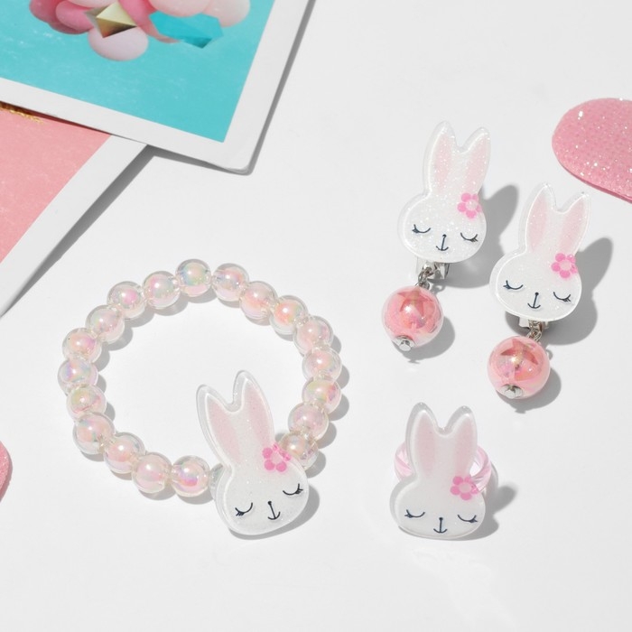 Набор детский &laquo;Выбражулька&raquo; 3 предмета: клипсы, браслет, кольцо, зайчики, цветной