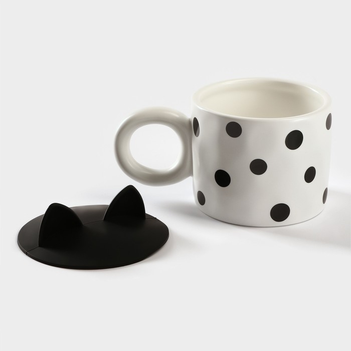 Кружка керамическая с силиконовой крышкой &laquo;Мяу&raquo;, 350 мл, цвет белый и чёрный