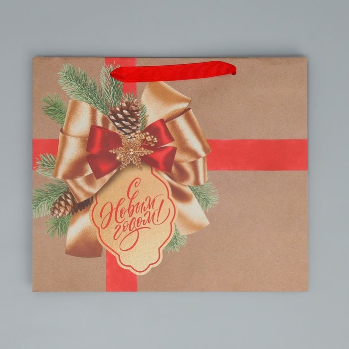 Пакет подарочный новогодний крафтовый горизонтальный &laquo;Подарок в Новый год&raquo;, ML 27 х 23 х 11.5 см, Новый год