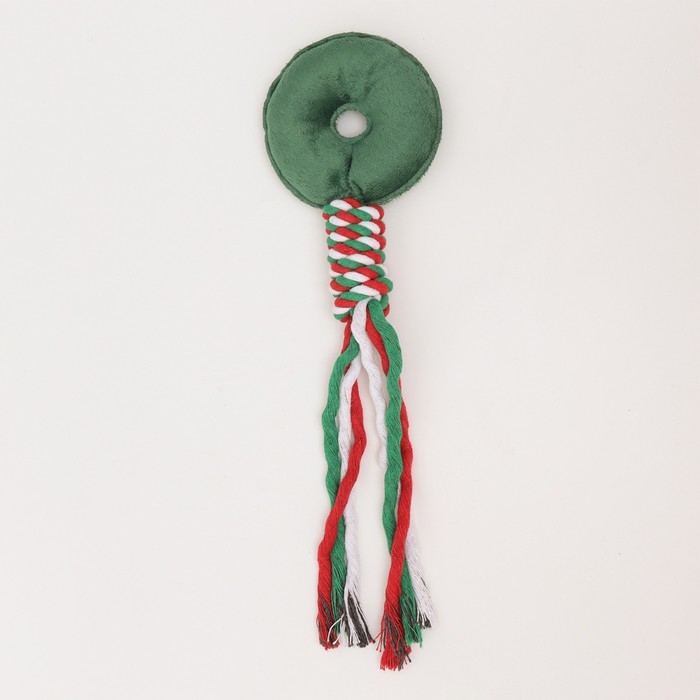 Игрушка пищащая, мягкая для собак Игрушка пищащая, мягкая для собак "Новогодний пончик" с канатом, 32 см