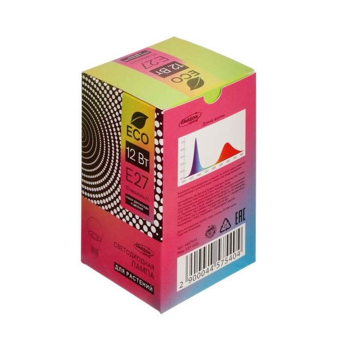 Фитолампа светодиодная Luazon, А60, E27, 12 Вт, IP44, 220 В, 270&deg;, мультиспектральная