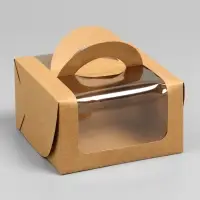 Коробка под бенто-торт с окном, крафт, 14 х 14 х 8 см