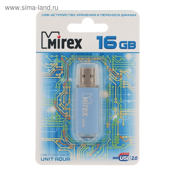 Флешка Mirex UNIT AQUA, 16 Гб, USB2.0, чт до 25 Мб/с, зап до 15 Мб/с, синяя